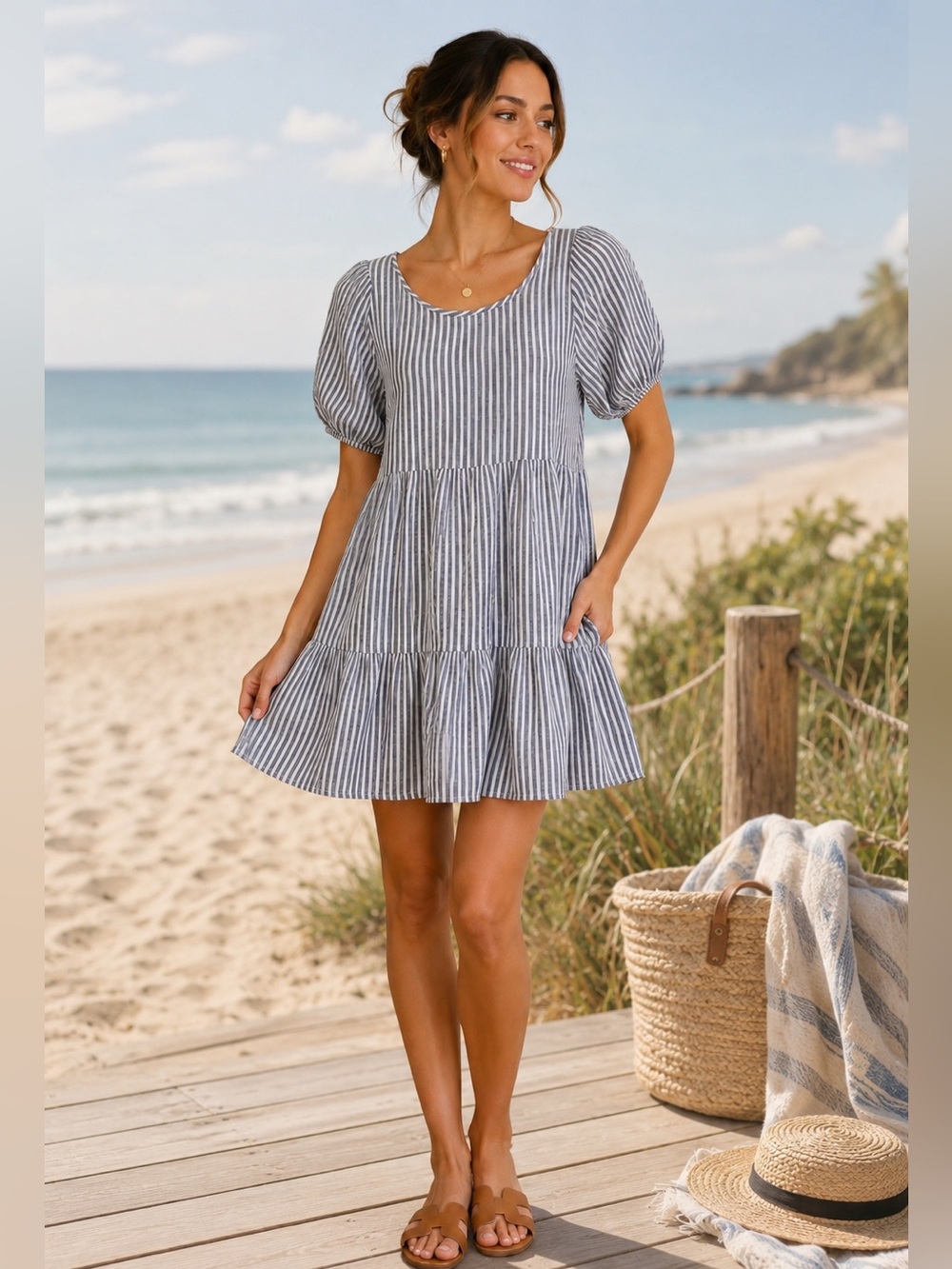 BeachLunchLounge Blue White Striped Linen Blend Tiered Dress Lightweight Medium
